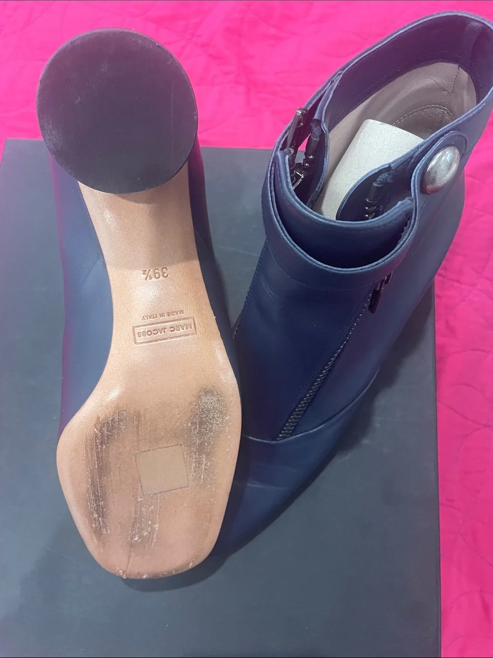 Marc Jacobs Navy Leather Ankle Booties with Zip & Strap